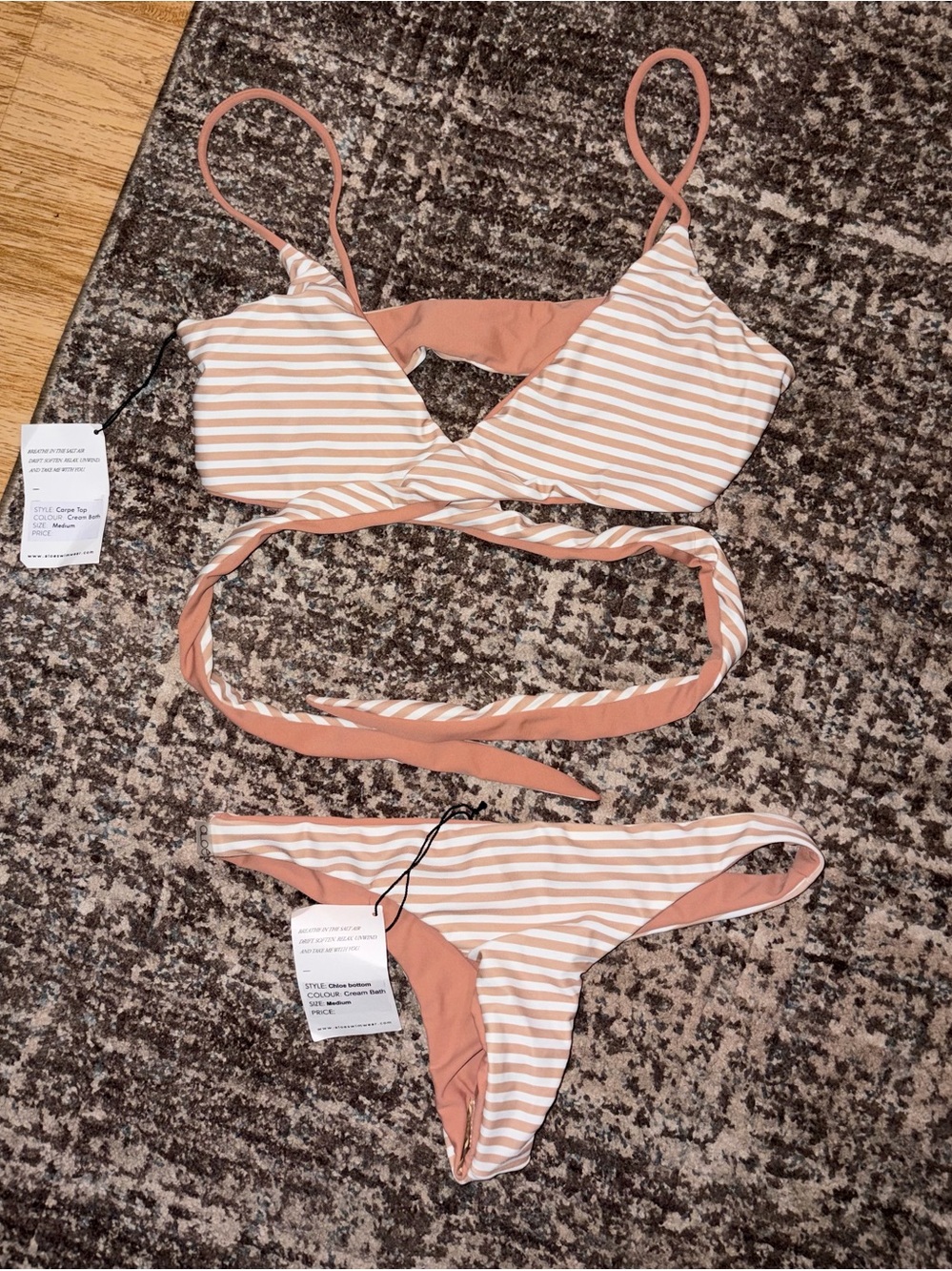 Aloe Swimwear “Carpe” Wrap Bikini Set — Cream Bath Stripe, Size M, NWT